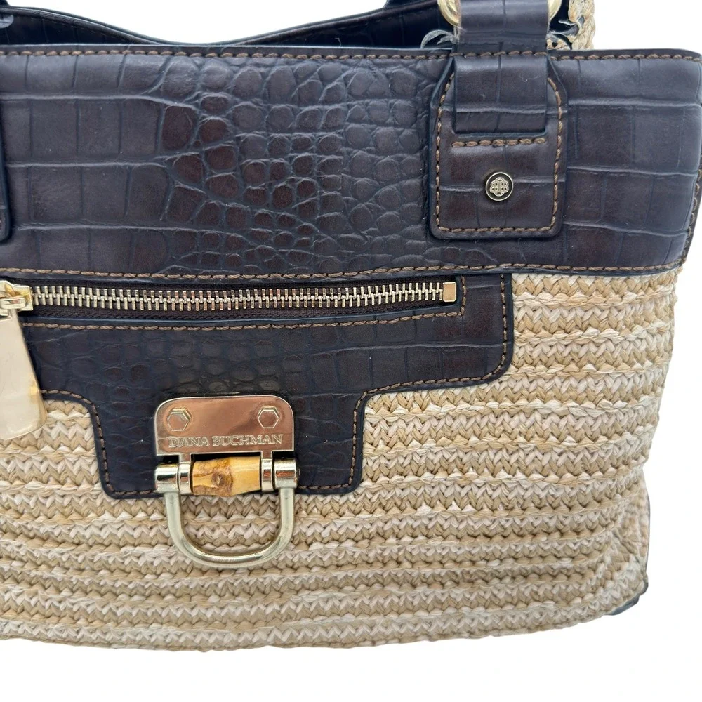 Dana Buchman Straw Raffia Shoulder Bag Brown Croc Leather Satchel Tote